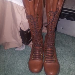 Knee high vegan leather combat boots brown